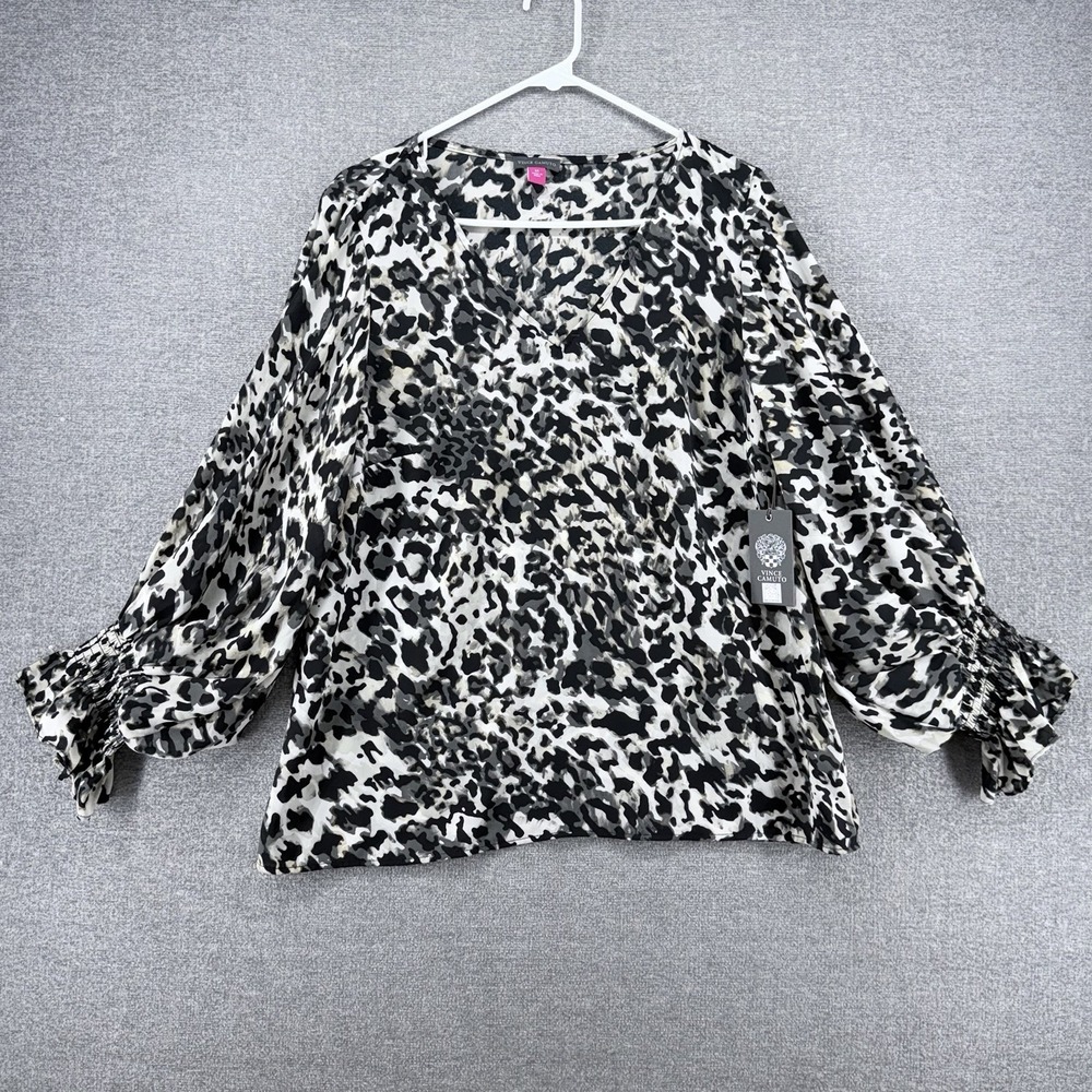 Vince Camuto Long Sleeve Ruffled Cuffs Blouse Women Sz  Medium Leopard Black NEW